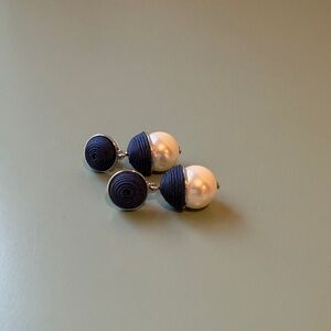 Vintage Navy Blue Pearl Drop Earrings Preppy Coastal Statement
